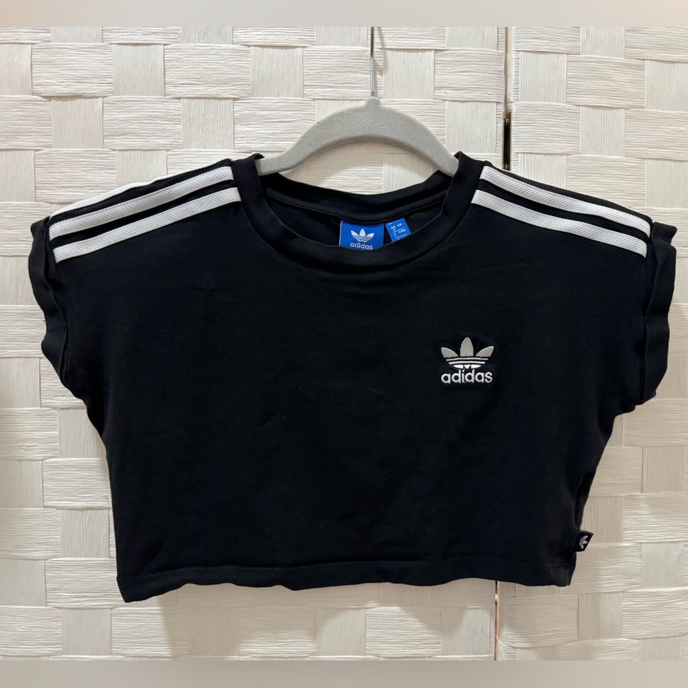 Adidas Originals Black Charcoal Three Stripe Cropped Tee Small